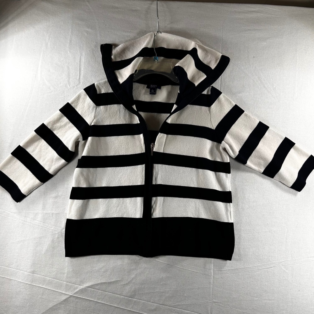 Chaps‎ Womens Blue White Striped Full Zip Hooded Cotton Knit Sweater Size Large